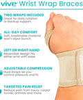 Adjustable Wrist Wrap Braces 2 Pack for Carpal Tunnel Tendonitis Arthritis Pain Relief on hand, beige neoprene material, Vive brand.