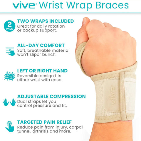 Adjustable Wrist Wrap Braces 2 Pack for Carpal Tunnel Tendonitis Arthritis Pain Relief on hand, beige neoprene material, Vive brand.