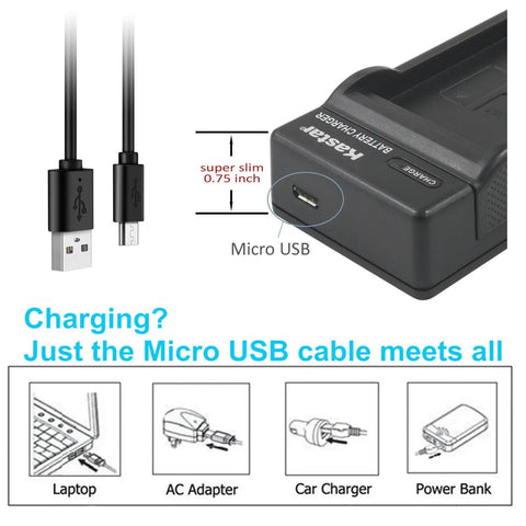 Close-up of slim USB charger for Two Pack High Capacity Canon LP-E10 Batteries With Slim USB Charger For EOS 1100D 1200D T3 T5 Kiss X50 X70 DSLRs And LPE10 Grip, showing micro USB input.