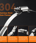 Heavy Duty 28 Piece Hose Clamp Kit With 304 Stainless Steel Worm Gear Clamps Ranging From Half Inch To Four Inches Wide For Radiators Coolant Lines Heater Pipes And Large Industrial Marine Automotive Applications That Are Super Tough. 304 stainless hose clamp close-up