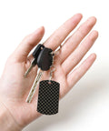 Top Shelf Gold Plated Aluminum Keychain Featuring Fresh Ribbon Grid Design Compact Rectangle Shape held in hand with car keys.