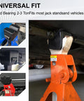 Aoheke 4-pack black rubber jack stand pad adapters for pinch welds, universal fit; installed on orange jack stand.