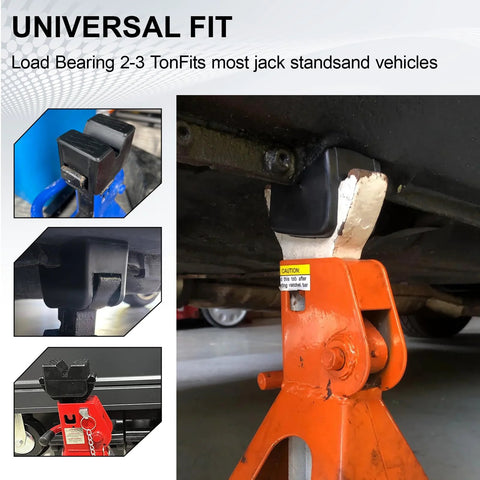Aoheke 4-pack black rubber jack stand pad adapters for pinch welds, universal fit; installed on orange jack stand.