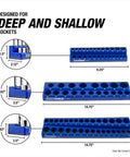 Six Pack Magnetic Socket Tray Set With Color Coded Metric And SAE Organizers For One Quarter Inch Three Eighths Inch And One Half Inch Drive Sockets Green And Blue Tool Organizer Tray Set To Keep Your Drawer Tidy showing blue tray sizes for deep and shallow sockets