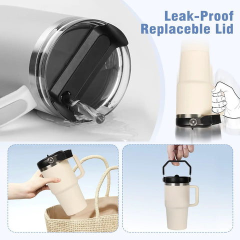 20 Oz Tumbler Flip Straw Lid With Handle, Leak Proof No Spill Replacement For Stanley Quencher ProTour 20 Ounce, Reusable Black, Fits Quencher H20 And Others, Easy Clean shown with straw lid and handle.