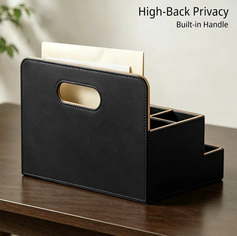 Image of Eight Compartment Desk Organizer and Mail Holder on a desk, featuring a high-back privacy panel and built-in handle for easy access.
