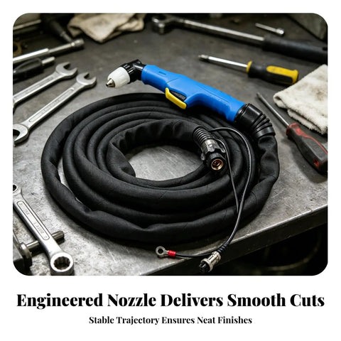 Workhorse Metal Cutting Torch Assembly With Thick Fireproof Leather Sleeve And Eight Meter Copper Cord Featuring Zero Leak Connectors and blue handle nozzle on black cable.
