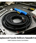 Professional Grade Rock Solid Heat Resistant Metal Severing Torch With Extra Long 10 Meter Cable For Shop Ready Fabrication And Heavy Duty Repairs Featuring Deadly Clean Cuts And No Fuss Air Discharge Build with blue grip and black cord laid on a workbench.