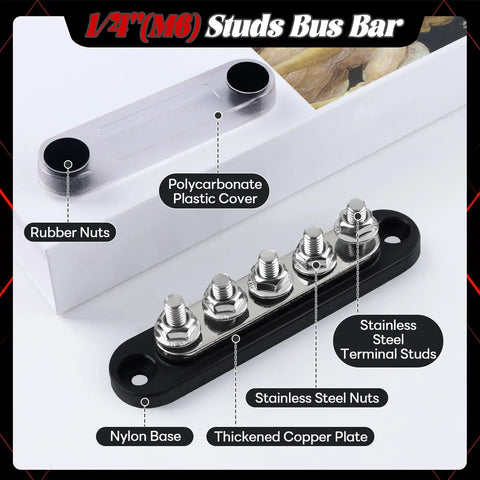Heavy Duty 150A 12V Bus Bar Power Distribution Block For Car, Boat, Marine, nylon base with stainless steel studs and copper plate