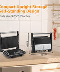 Aigostar Silver 1000W Panini Press Grill With Ceramic Nonstick Plates For Even Cooking Bacon Burgers Chicken Steaks And Reheating Personal Pizza, compact upright design with 9.05 inch plates.