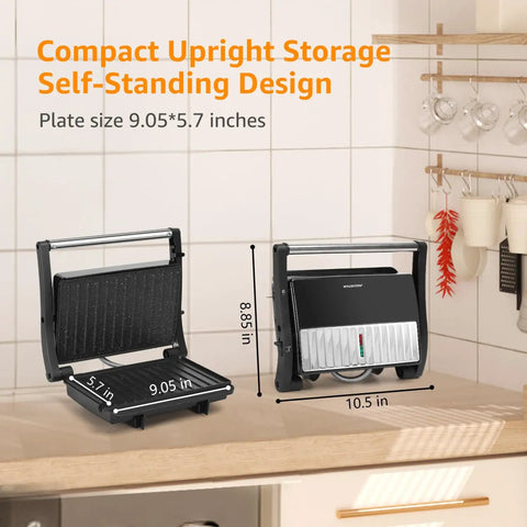 Aigostar Silver 1000W Panini Press Grill With Ceramic Nonstick Plates For Even Cooking Bacon Burgers Chicken Steaks And Reheating Personal Pizza, compact upright design with 9.05 inch plates.