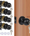Four Pack Matte Black Keyed Entry Door Knobs Not Keyed Alike For Bedroom And Bathroom shown with keys and adjustable backset