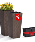 All Weather Wicker Planters Set Of 2 Tall 24 Inch Square Rattan Pots In Mocha Finish with flowers and red pack tag