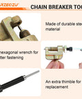 RZEOZU chain breaker tool set with hex wrench and spare thimble; steel construction for #35 T8F motorcycle roller chain.