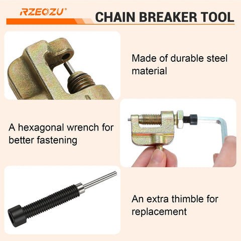 RZEOZU chain breaker tool set with hex wrench and spare thimble; steel construction for #35 T8F motorcycle roller chain.
