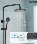 Top Shelf 304 Stainless Steel Outdoor Shower Kit With 8 Inch Rainfall Head And Handheld Sprayer In Slick Matte Black Finish showing 360 rotation and water flow.