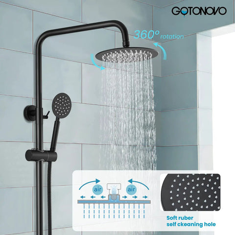 Top Shelf 304 Stainless Steel Outdoor Shower Kit With 8 Inch Rainfall Head And Handheld Sprayer In Slick Matte Black Finish showing 360 rotation and water flow.