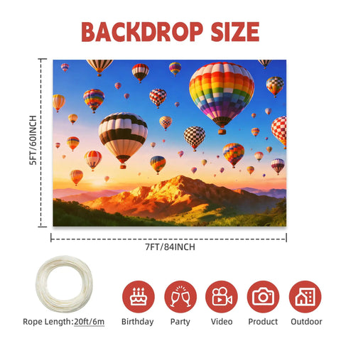 7x5ft Hot Air Balloon Backdrop With Colorful Rainbow Sky And Mountain Scene For Birthday Parties Welcome Events Travel Theme Photo Props And Nature Landscape Photography Background, showing hot air balloons over mountains.