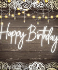 Birthday Neon Sign LED Wall Backdrop 23.6x9.45 Inches Custom Party Neon Light on wooden wall with lace and lights