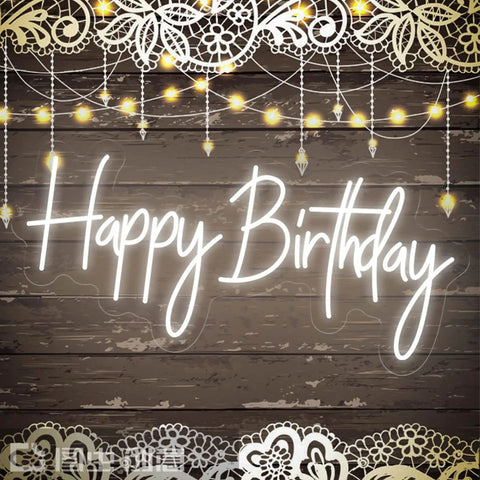 Birthday Neon Sign LED Wall Backdrop 23.6x9.45 Inches Custom Party Neon Light on wooden wall with lace and lights