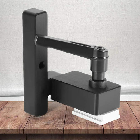 Top Notch Portable Woodworking T Track Limiter Stop Saw Guide For Miter Saws And Planers To Nail Super Precise Cuts Every Time On Compact Workbenches shown angled with a steel body and adjustable stop.