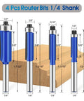 Top Shelf 4 Piece Carbide Router Bit Set With Top Bearing Flush Trim Design on a wooden surface with dimensions shown.