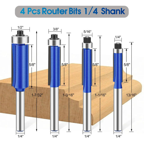Top Shelf 4 Piece Carbide Router Bit Set With Top Bearing Flush Trim Design on a wooden surface with dimensions shown.