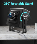 5MP USB Camera With 180 Degree Fisheye Lens on 360° rotatable stand, marble surface, industrial design, USB port visible