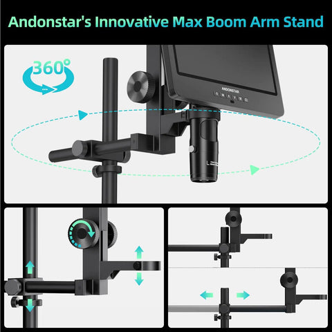 Andonstar's Innovative Max Boom Arm Stand, black metal microscope stand with 360-degree adjustable arm and clamp