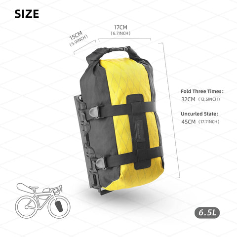 6.5L Waterproof Front Fork Bike Bag With Roll Top Closure For Road Gravel And MTB Universal Mount in yellow with size dimensions