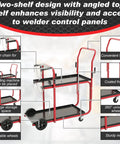 Heavy Duty Two Tier Welder Cart For TIG Arc MMA Plasma Cutters Up To 440 Lbs With Tank Safety Chains Classic Style 39 By 18 By 43 Inches Black And Red Plus Removable Tool Tray And Workhorse Durable Steel Frame For Your Shop Or Pro Garage, highlighting dual-layer design and features such as durable wheels and convenient handle.