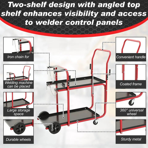 Heavy Duty Two Tier Welder Cart For TIG Arc MMA Plasma Cutters Up To 440 Lbs With Tank Safety Chains Classic Style 39 By 18 By 43 Inches Black And Red Plus Removable Tool Tray And Workhorse Durable Steel Frame For Your Shop Or Pro Garage, highlighting dual-layer design and features such as durable wheels and convenient handle.