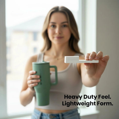 Woman holding one hand tumbler lid opener with ergonomic lever and insulated tumbler. One Hand Tumbler Lid Opener With Ergonomic Lever Universal Fit For 20oz To 40oz Insulated Tumblers Like Stanley Hydrojug And Owala No Fuss Easy Grip Assisted Bottle Opener For Weak Hands Grey.