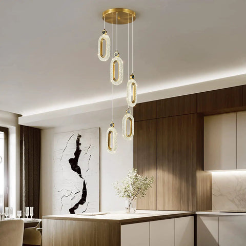 Lit Gold Brushed Modern Pendant Lights For Kitchen Island Three Pack LED Dimmable Mini Pendants in kitchen setting