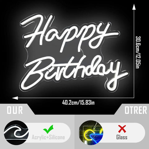 Happy Birthday Neon Sign Dimmable LED Light For Backdrops And Party Decor, silicone on acrylic base shown with dimensions