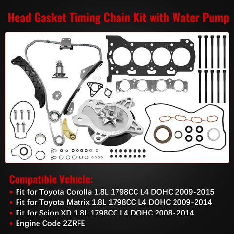 Toyota Corolla 1.8L 2009 2015 Timing Chain Kit With Head Gasket and Water Pump Fits Matrix 1.8L 2009 2014 and Scion XD 1.8L 2008 2014