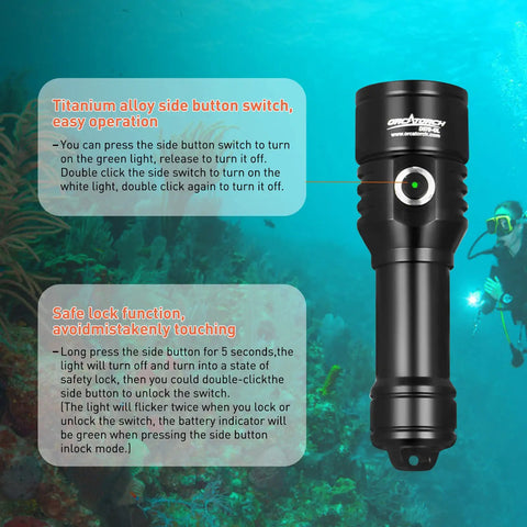 Two In One Scuba Diving Light With 1500 Lumen White Beam And Green Signal For Night Dives next to sea diver image.