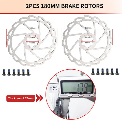 Two 180mm brake rotors with thickness measurement for Four Piston Hydraulic Disc Brake Set For EBikes And Mountain Fat And Road Bikes.