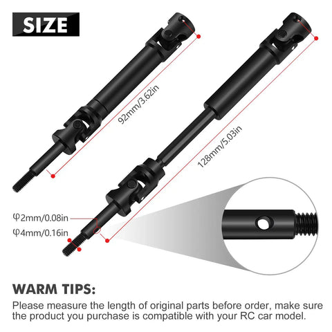 Image showing Upgraded CVD Rear Drive Shafts For Off Road RC Trucks, 92mm and 128mm lengths, black steel construction.