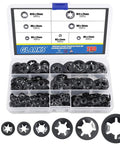 Glarks 280-piece black internal-tooth starlock push-on locking washers assortment kit in clear plastic case