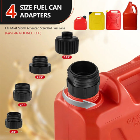 5GPM Cordless Fuel Transfer Pump With Auto Stop And Hand Nozzle, 4 size fuel can adapters attached to red gas can