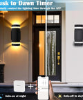 Lit RGB Outdoor Wall Lights With RF Remote shown on porch with phone app control, demonstrating dusk to dawn timer feature.