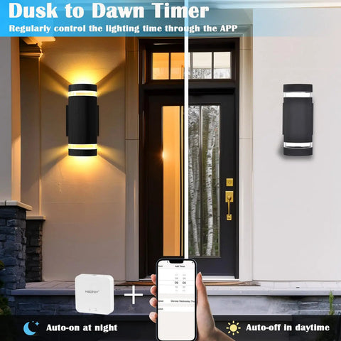 Lit RGB Outdoor Wall Lights With RF Remote shown on porch with phone app control, demonstrating dusk to dawn timer feature.