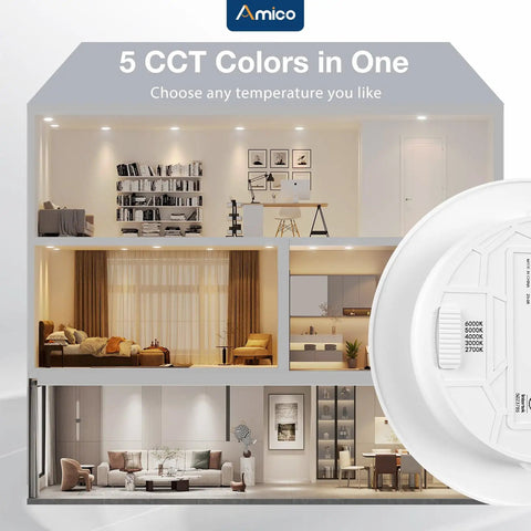 5CCT adjustable LED downlight in different room settings, showcasing lighting variations for 24 Pack 5 To 6 Inch Recessed Lighting LED Can Lights Adjustable 5Cct White Flush Mount Downlights.
