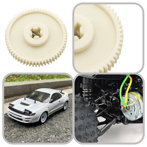 Beefed Up 61T 1 By 10 Spur Gear Replacement Pair for Tamiya TT01 TT01D TT01E in creamy white plastic and RC car compatibility display