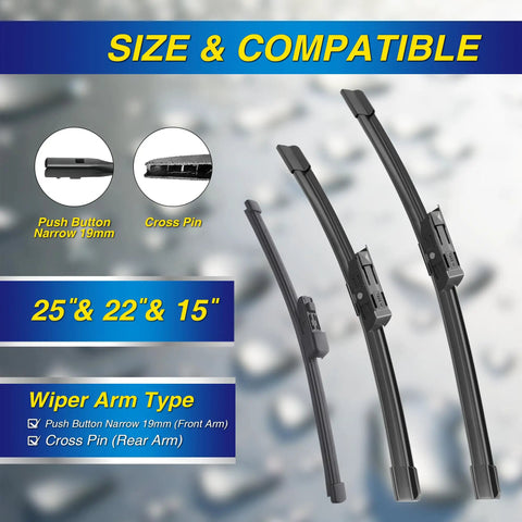 Volkswagen Tiguan Silicone Windshield Wiper Blades Replacement Set Of 3 For 2018 2019 2020 2021 2022 with size compatibility details.