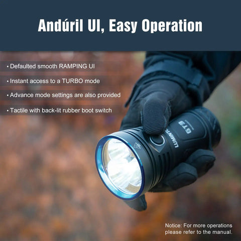 Person holding Beast Mode 18,000 Lumen Tactical Flashlight With 3 XHP70.2 LEDs in a gloved hand, showcasing Anduril UI interface.