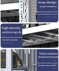 Bulletproof Heavy Duty Garage Shelving Unit With 450Kilo Capacity details showing snap design, high density reinforcing rib, and thick columns for enhanced stability.