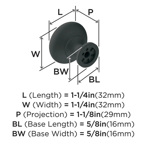 Matte Black Cabinet Knob 1-1/4 Inch Diameter For Cabinets And Drawers Era Series dimensions and measurements chart.
