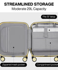 Open view of Underseat Carry-On Luggage 16 Inch Hardside PC Suitcase with compartments for 13-inch laptop and mesh pocket